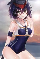 Rule 34 | 10s, 1girl, asymmetrical hair, bare shoulders, black hair, brown eyes, efuri (riarea00), framed breasts, gloves, hair between eyes, headphones, highres, i-13 (kancolle), kantai collection, looking at viewer, open mouth, partially fingerless gloves, sailor collar, school swimsuit, short hair, single glove, solo, swimsuit