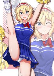 Rule 34 | 1girl, :d, ;), adapted costume, alice margatroid, arm up, armpits, bare arms, bare legs, bare shoulders, blue eyes, blue shirt, blue skirt, breasts, cheering, cheerleader, closed mouth, cowboy shot, hair between eyes, hairband, highres, kneepits, large breasts, leg up, legs, lolita hairband, miniskirt, necktie, one eye closed, open mouth, panties, pantyshot, pom pom (cheerleading), poshi (ginmokusei), red necktie, shirt, shoe soles, short hair, sideboob, skirt, sleeveless, sleeveless shirt, smile, split, standing, standing on one leg, sweat, thighs, touhou, underwear, white panties, zoom layer