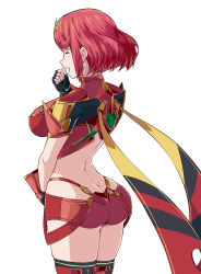 Rule 34 | 1girl, arched back, armor, ass, back, bare back, black gloves, black thighhighs, blush, breasts, butt crack, closed eyes, cowboy shot, earrings, fingerless gloves, from behind, gem, gloves, headpiece, highres, jewelry, large breasts, laughing, nintendo, open mouth, profile, pyra (xenoblade), red hair, red shorts, shimure (460), short hair, short shorts, shorts, shoulder armor, simple background, skindentation, smile, solo, swept bangs, thighhighs, tiara, white background, wrist guards, xenoblade chronicles (series), xenoblade chronicles 2