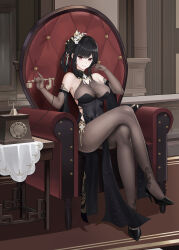 Rule 34 | 1girl, absurdres, antique phone, azur lane, black hair, bodystocking, breasts, chen hai (azur lane), chen hai (vestibule of wonders) (azur lane), chimen, china dress, chinese clothes, cleavage, crossed legs, dress, elbow gloves, full body, gloves, hair ornament, highres, holding, holding phone, large breasts, official alternate costume, pantyhose, phone, rotary phone, see-through, see-through cleavage