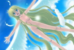 Rule 34 | 00s, 1girl, air (visual novel), akaza shiro, angel wings, blonde hair, blue eyes, convenient censoring, feathers, hair censor, hair over breasts, kamio misuzu, large wings, long hair, nude, open mouth, outstretched arms, outstretched hand, smile, solo, spread arms, very long hair, wings