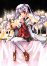 Rule 34 | bad id, bad pixiv id, candelabra, candle, candlestand, fortune arterial, geroro, green eyes, hat, long hair, pantyhose, school uniform, solo, tougi shiro, twintails, white hair, white pantyhose