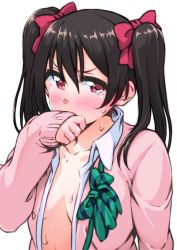 Rule 34 | 10s, 1girl, ayumu-k, black hair, bow, bowtie, cardigan, collarbone, collared shirt, green neckwear, hair between eyes, hair bow, hand to own mouth, highres, love live!, love live! school idol project, no bra, open clothes, otonokizaka school uniform, pink cardigan, red bow, school uniform, shirt, simple background, sleeves past wrists, solo, standing, striped bow, striped bowtie, striped clothes, striped neckwear, sweat, tears, twintails, undone bowtie, upper body, white background, yazawa nico