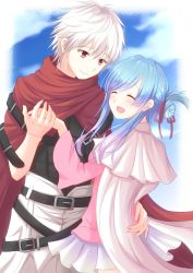 Rule 34 | 1boy, 1girl, absurdres, belt, blue hair, blush, cape, day, closed eyes, hair ribbon, hair up, hetero, highres, hina (plunderer), holding hands, licht bach, long hair, looking at another, outdoors, plunderer, red cape, red eyes, red ribbon, ribbon, short hair, standing, white hair, yayoi (ksks se)