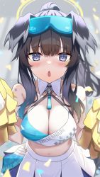 Rule 34 | 1girl, animal ears, bare shoulders, black hair, blue archive, blue eyes, blurry, blurry background, blush, breasts, cheerleader, chestnut mouth, cleavage, clothes writing, confetti, crop top, dog ears, dog girl, dog tail, eyewear on head, goggles, goggles on head, halo, hibiki (blue archive), hibiki (cheer squad) (blue archive), highres, holding, holding pom poms, long hair, looking at viewer, medium breasts, midriff, millennium cheerleader outfit (blue archive), miniskirt, mizumok1, navel, off shoulder, official alternate costume, open mouth, pleated skirt, pom pom (cheerleading), pom poms, ponytail, sidelocks, skirt, solo, star sticker, sticker on face, tail, white skirt, yellow halo