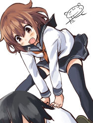 Rule 34 | 1girl, 1other, anchor symbol, black sailor collar, black skirt, black thighhighs, brown eyes, brown hair, darkside, fang, hair ornament, hairclip, ikazuchi (kancolle), jumping, kantai collection, leap frog, pleated skirt, sailor collar, school uniform, serafuku, short hair, simple background, skirt, solo focus, thighhighs, white background