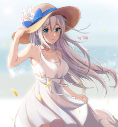 Rule 34 | 1girl, absurdres, artist name, bare shoulders, blue eyes, blush, bow, cecilia schariac, clothes lift, commentary request, day, dress, dress lift, earrings, floating hair, flower, hair over one eye, hand on headwear, hat, hat bow, hat flower, highres, honkai (series), honkai impact 3rd, jewelry, petals, signature, silver hair, sleeveless, sleeveless dress, smile, solo, straight hair, sun hat, sundress, takeawatch, white dress, wind