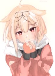 Rule 34 | 1girl, alternate costume, black ribbon, blonde hair, commentary request, hair flaps, hair ornament, hair ribbon, hairclip, highres, hood, hooded jacket, jacket, kantai collection, long hair, miron (mirona33), pink jacket, ribbon, simple background, solo, white background, yuudachi (kancolle), yuudachi kai ni (kancolle)