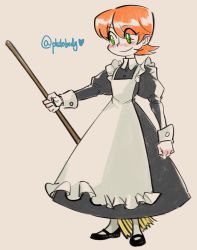 Rule 34 | 1girl, absurdres, apron, blush, broom, dress, frilled apron, frills, green hair, high collar, highres, holding, juliet sleeves, long sleeves, maid, mary janes, orange hair, peacock (skullgirls), plutobody, puffy sleeves, shoes, short hair, skullgirls, smile, solo, tan background, aged down