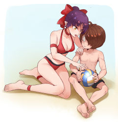 Rule 34 | 1boy, 1girl, ball, bare shoulders, barefoot, bikini, blue background, border, bow, breasts, brown hair, choker, cleavage, collarbone, commentary request, fang, gegege no kitarou, hair bow, hair over one eye, hand on another&#039;s shoulder, height difference, hetero, highres, kitarou, looking at breasts, medium breasts, nekomusume, nekomusume (gegege no kitarou 6), pointy ears, purple hair, red bikini, red bow, red choker, shorts, silanduqiaocui, sitting, striped clothes, striped shorts, swimsuit, volleyball, volleyball (object), white border, yellow eyes