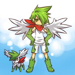 Rule 34 | 00s, 1boy, alternate form, androgynous, blush stickers, boots, costume, creatures (company), detached sleeves, elbow gloves, game freak, gen 4 pokemon, gender request, gloves, green eyes, green footwear, green hair, hair over one eye, hands on own hips, hitec, legendary pokemon, male focus, moemon, mythical pokemon, nintendo, personification, pokemon, pokemon (creature), pokemon dppt, red scarf, scarf, shaymin, shaymin (sky), shirt, shorts, sleeveless, sleeveless shirt, wings