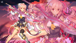 Rule 34 | 1girl, asymmetrical legwear, bare shoulders, black thighhighs, blue shirt, blush, boots, breasts, character request, detached sleeves, flower, hair flower, hair ornament, highres, holding, holding sword, holding weapon, impossible clothes, impossible shirt, legband, long hair, looking at viewer, medium breasts, miniskirt, neckerchief, official art, open clothes, open skirt, panties, pantyshot, parted lips, pink hair, pleated skirt, red eyes, sangai senki, shirt, single boot, single thighhigh, skindentation, skirt, smile, solo, standing, sword, thighhighs, thighhighs under boots, underwear, uneven legwear, very long hair, weapon, white panties, yangsion, yellow neckerchief, zoom layer
