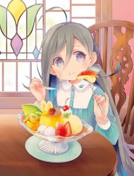 Rule 34 | 1girl, ahoge, alternate costume, apple, bird, blue dress, blue hair, bowl, chair, cherry, closed mouth, colis, dress, eating, food, food in mouth, fork, fruit, grey hair, hair between eyes, hair ribbon, holding, holding fork, holding spoon, ice cream, indoors, kantai collection, kiwi (fruit), kiyoshimo (kancolle), long hair, long sleeves, multicolored hair, orange (fruit), pinky out, pudding, purple eyes, ribbon, solo, spoon, strawberry, twintails, twitter username, two-tone hair, whipped cream, window
