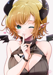 Rule 34 | 1girl, bat tattoo, black sweater, blonde hair, blue eyes, blush, breast tattoo, breasts, cleavage, cleavage cutout, clothing cutout, demon girl, demon horns, demon wings, dress, gold necklace, heart, heart necklace, highres, himeyamayuri, hololive, horns, jewelry, large breasts, looking at viewer, medium hair, necklace, one eye closed, pointy ears, sleeveless, sleeveless turtleneck, smile, solo, sweater, tattoo, turtleneck, turtleneck dress, turtleneck sweater, virtual youtuber, watch, white background, wings, wristwatch, yuzuki choco, yuzuki choco (streetwear)
