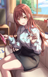 Rule 34 | 1girl, absurdres, citrusmikan, highres, idolmaster, idolmaster shiny colors, long hair, long sleeves, looking at viewer, open mouth, osaki amana, red eyes, shirt, sitting, smile, solo, thighs, window, yellow eyes