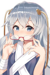 Rule 34 | 1girl, absurdres, bad id, bad pixiv id, bandaged arm, bandages, bare shoulders, blue dress, blue eyes, blush, breasts, closed mouth, commentary request, dress, girls&#039; frontline, glasses, gradient background, grey background, hair between eyes, highres, j young, long hair, looking at viewer, nose blush, red-framed eyewear, ribeyrolles (girls&#039; frontline), semi-rimless eyewear, short sleeves, silver hair, sleeveless, sleeveless dress, small breasts, solo, under-rim eyewear, very long hair, white background, wide sleeves