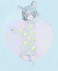Rule 34 | 1girl, animal ears, cheese, cowboy shot, dress, food, food print, heart, heart of string, hooded dress, long sleeves, mouse ears, mouse tail, nazrin, pale color, red eyes, short dress, short hair, silver hair, simple background, solo, tail, touhou, tsukamoto anabone
