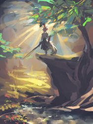 Rule 34 | 1girl, animal ears, bird, cliff, detached sleeves, forest, highres, impressionism, inubashiri momiji, light rays, melon22, nature, red eyes, river, scenery, shield, silver hair, solo, sun, sunbeam, sunlight, sword, tail, touhou, traditional media, tree, weapon, wolf ears, wolf tail