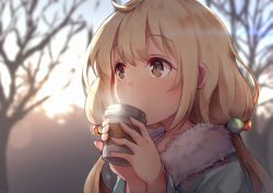 Rule 34 | 1girl, ahoge, blonde hair, blurry, blurry background, brown hair, commentary request, cup, day, drinking, floral print, fur collar, futaba anzu, hair bobbles, hair ornament, holding, holding cup, idolmaster, idolmaster cinderella girls, long hair, looking away, low twintails, nakatokung, outdoors, solo, steam, twintails, two-handed, upper body