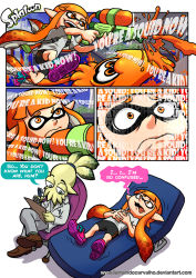Rule 34 | 1boy, 1girl, bike shorts, copyright name, couch, english text, fernando carvalho, highres, holding, ink tank, ink tank (splatoon), inkling, inkling girl, inkling player character, nintendo, open mouth, orange eyes, orange hair, paint splatter, pointy ears, shirt, shoes, single vertical stripe, smile, sneakers, splatoon (series), splatoon 1, splattershot (splatoon), squid, super soaker, t-shirt, tentacle hair
