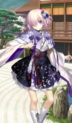 1girl black_skirt boots cross-laced_footwear fate/grand_order fate_(series) floral_print flower hair_flower hair_ornament hair_over_one_eye high_heel_boots high_heels japanese_clothes kimono knee_boots layered_skirt looking_at_viewer mash_kyrielight mash_kyrielight_(dream_portrait) obi official_art pink_hair purple_eyes purple_sash purple_skirt sash skirt solo takeuchi_takashi white_kimono wide_sleeves