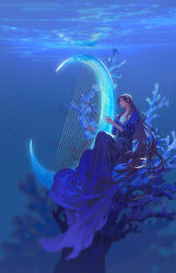 Rule 34 | 1girl, blue dress, breasts, brown hair, cleavage, closed eyes, closed mouth, coral reef, dress, earrings, harp, highres, ibuki satsuki, instrument, jewelry, long hair, long sleeves, medium breasts, music, original, outdoors, playing instrument, sitting, solo, underwater, water