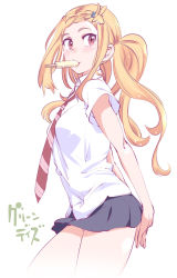 Rule 34 | arms behind back, blonde hair, food, green days, long hair, looking at viewer, miniskirt, mouth hold, necktie, ponytail, popsicle, red eyes, school uniform, simple background, skirt, solo, touge hiro