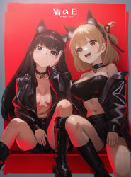 Rule 34 | 2girls, absurdres, animal ear hairband, animal ears, black choker, black footwear, black hair, black jacket, black shorts, boots, breasts, cat day, cat ears, choker, cleavage, commentary, crop top, edgar syu, english commentary, fake animal ears, fang, film grain, hair ribbon, hairband, head rest, highres, inoue takina, jacket, large breasts, long hair, looking at viewer, lycoris recoil, multiple girls, navel, nishikigi chisato, off shoulder, one side up, open clothes, open jacket, open mouth, purple eyes, purple nails, red eyes, red ribbon, ribbon, shorts, sidelocks, small breasts, stomach, teeth, translated, twitter username, upper teeth only