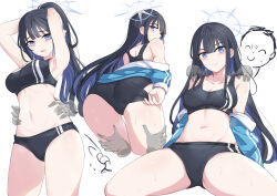 Rule 34 | 1boy, 1girl, alternate costume, armpits, arms up, ass, bare shoulders, black buruma, black hair, black sports bra, blue archive, blue eyes, blue jacket, blunt bangs, breasts, buruma, buruma pull, cleavage, closed mouth, clothes pull, collarbone, commentary, doodle sensei (blue archive), groin, halo, jacket, long hair, looking at viewer, medium breasts, midriff, multiple views, navel, off shoulder, open mouth, saori (blue archive), sensei (blue archive), shoulder grab, simple background, sitting, sports bikini, sports bra, standing, sweat, symbol-only commentary, thigh grab, tongue, tongue out, torso grab, track uniform, white background, yougenko