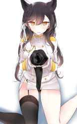 Rule 34 | 1girl, aiguillette, animal ears, atago (azur lane), azur lane, black panties, black thighhighs, blush, commentary request, garter straps, gloves, hair between eyes, hair ribbon, highres, holding, holding clothes, unworn legwear, long hair, long sleeves, looking at viewer, military, military uniform, miniskirt, mole, mole under eye, oouso, panties, pantyshot, pencil skirt, ribbon, shiny skin, side slit, simple background, single thighhigh, sitting, skirt, smell, solo, steam, sweat, thighhighs, tsurime, underwear, uniform, upskirt, wariza, wavy mouth, white background, white gloves, white ribbon, white skirt
