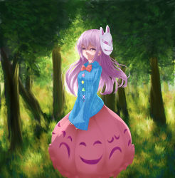 Rule 34 | 1girl, absurdres, bow, bowtie, bubble skirt, evox00, expressionless, forest, fox mask, hands in opposite sleeves, hata no kokoro, highres, light purple hair, long hair, looking at viewer, mask, nature, outdoors, plaid, plaid shirt, purple eyes, shirt, skirt, solo, star (symbol), touhou, triangle, v arms, x