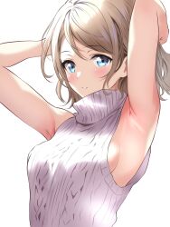 Rule 34 | 1girl, armpits, blue eyes, borgbutler, brown hair, highres, looking at viewer, love live!, love live! sunshine!!, simple background, solo, watanabe you