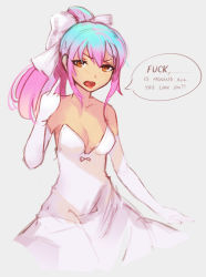 Rule 34 | 1girl, 4chan, annoyed, bare shoulders, blush, breasts, brown eyes, cleavage, dress, elbow gloves, english text, gloves, gradient hair, green hair, highres, long hair, looking at viewer, middle finger, multicolored hair, original, pink hair, ponytail, profanity, softmode, strapless, strapless dress, waifu-tan, white dress, white gloves