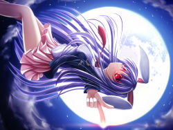 Rule 34 | 1girl, animal ears, bare legs, blazer, blush, crescent, crescent moon, danmaku, dress shirt, finger gun, full moon, hatomura (tareneko club), highres, jacket, long hair, long sleeves, looking at viewer, moon, moonlight, necktie, night, open clothes, open jacket, outstretched arm, pleated skirt, pointing, pointing at viewer, purple hair, rabbit ears, red eyes, red necktie, reisen udongein inaba, shirt, skirt, solo, tail, touhou, very long hair, white shirt
