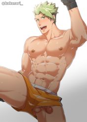 Rule 34 | 1boy, abs, achilles (fate), alternate costume, alternate pectoral size, bara, censored, fate/apocrypha, fate (series), green eyes, green hair, kakenari, large pectorals, male focus, mosaic censoring, multicolored hair, muscular, nipples, paid reward available, pectorals, penis, penis peek, short hair, shorts, solo, thick thighs, thighs, topless male, upshorts, yellow eyes