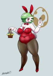 Rule 34 | 1girl, absurdres, basket, blush, breasts, creatures (company), curvy, easter, female focus, full body, game freak, gardevoir, gen 3 pokemon, green hair, highres, large breasts, nintendo, pantyhose, plump, pokemon, rabbit ears, rabbit tail, red eyes, short hair, sleepingeel, solo, thick thighs, thighs, wide hips