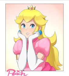 Rule 34 | 1girl, blonde hair, blue eyes, border, breasts, brooch, character name, crown, dress, earrings, elbow gloves, eyelashes, gloves, gradient background, grin, head rest, heart, highres, jewelry, lips, long hair, looking at viewer, looking to the side, mario (series), medium breasts, mini crown, nintendo, pink background, pink dress, pink lips, princess, princess peach, puffy short sleeves, puffy sleeves, sarukaiwolf, short sleeves, smile, solo, super mario bros. 1, teeth, upper body, white background, white border, white gloves