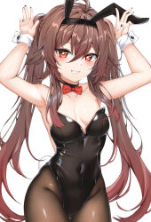 Rule 34 | 1girl, absurdres, ahoge, alternate costume, animal ears, armpits, arms up, backless leotard, bare shoulders, black choker, black leotard, black nails, bow, bowtie, breasts, brown hair, brown pantyhose, choker, collarbone, covered navel, cowboy shot, fake animal ears, fake tail, genshin impact, gradient hair, grin, groin, hair between eyes, hairband, highleg, highleg leotard, highres, hu tao (genshin impact), leotard, long hair, looking at viewer, multicolored hair, nahanmin, nail polish, oversized breast cup, oversized clothes, pantyhose, playboy bunny, rabbit ears, rabbit pose, rabbit tail, red eyes, sidelocks, small breasts, smile, solo, standing, star-shaped pupils, star (symbol), strapless, strapless leotard, symbol-shaped pupils, tail, thigh gap, twintails, very long hair, wrist cuffs
