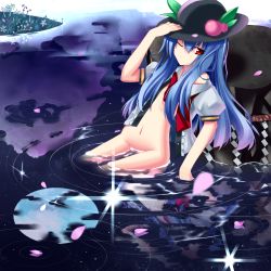 Rule 34 | 1girl, blue hair, bottomless, cloud, female focus, food, fruit, gradient hair, hat, highres, hinanawi tenshi, keystone, leaf, long hair, moon, multicolored hair, navel, no bra, one eye closed, open clothes, open shirt, partially submerged, peach, petals, pink hair, puffy sleeves, red eyes, rock, rope, shide, shimenawa, shirt, short sleeves, shuizao (little child), solo, touhou, water, wink