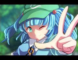 Rule 34 | 1girl, anime coloring, aqua eyes, bad id, bad pixiv id, blue dress, blue hair, blurry, depth of field, dress, hair bobbles, hair ornament, hat, kawashiro nitori, letterboxed, looking at viewer, oimo (imoyoukan), one eye closed, smile, solo, touhou, twintails, two side up, upper body