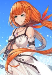 Rule 34 | 1girl, bare shoulders, blue eyes, breasts, closed mouth, collarbone, dress, hair ornament, hair ribbon, jewelry, kingdom hearts, kingdom hearts x, long hair, low twintails, medium breasts, necklace, orange hair, resuta, ribbon, smile, solo, strelitzia (kingdom hearts), twintails, white dress, x hair ornament