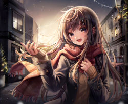 Rule 34 | 1girl, absurdres, blush, brown hair, coat, hair ornament, hairclip, highres, long hair, long sleeves, looking at viewer, open mouth, original, outdoors, red scarf, revision, scarf, school uniform, smile, snow, solo, starlime, uniform, winter