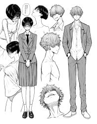 Rule 34 | 1boy, 1girl, black hair, blazer, blush, bra, character sheet, check commentary, commentary request, earrings, fumitan (humitan), glasses, greyscale, highres, jacket, jewelry, jimiko, loafers, monochrome, multiple views, necktie, original, panties, pleated skirt, school uniform, shirt, shoes, short hair, skirt, t-shirt, topless male, underwear