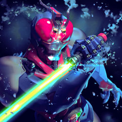 Rule 34 | 1boy, antennae, armor, belt, biorider, commentary, compound eyes, cropped legs, energy sword, energy weapon, highres, holding, holding sword, holding weapon, inaki shinrou, kamen rider, kamen rider black rx (series), male focus, red eyes, rider belt, science fiction, solo, sword, upper body, water, weapon