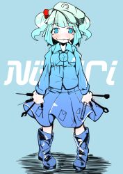 Rule 34 | 1girl, between fingers, blue eyes, blue hair, boots, character name, cigarette, flanvia, hair bobbles, hair ornament, hat, highres, holding, kawashiro nitori, long sleeves, looking at viewer, matching hair/eyes, mouth hold, pigeon-toed, rubber boots, shirt, skirt, smirk, solo, tools, touhou, twintails, two side up