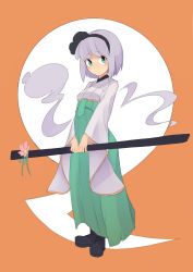 Rule 34 | 1girl, absurdres, alternate costume, alternate hair color, black footwear, blush, bob cut, boots, breasts, brown background, expressionless, flower, full body, green eyes, green hakama, hairband, hakama, hakama skirt, highres, holding, holding sword, holding weapon, japanese clothes, konpaku youmu, konpaku youmu (ghost), purple kimono, light purple hair, long sleeves, looking at viewer, parted lips, pegina, sheath, sheathed, short hair, skirt, small breasts, solo, standing, sword, touhou, weapon, wide sleeves