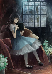 Rule 34 | 1girl, angel31424, black footwear, black hair, blue dress, blue eyes, blunt bangs, book, curtains, cushion, dress, expressionless, full body, highres, holding, holding book, indoors, layered dress, long hair, looking at viewer, mary janes, open book, original, pantyhose, plant, potted plant, puffy short sleeves, puffy sleeves, shoes, short sleeves, signature, sitting, solo, white pantyhose, window