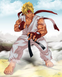 Rule 34 | 1boy, alternate hair color, barefoot, belt, biceps, big hair, black belt, blonde hair, blue sky, clenched hand, closed mouth, cloud, darkeyez07, dougi, dragon ball, dragonball z, facing viewer, fighting stance, fingerless gloves, full body, fusion, gloves, hands up, happy, headband, looking at viewer, muscular, muscular male, outdoors, pants, parody, pectorals, red gloves, red headband, ryu (street fighter), shirt, short hair, signature, sky, sleeveless, sleeveless shirt, smile, solo, son goku, spiked hair, standing, street fighter, super saiyan, super saiyan 1, tan, white pants, white shirt, wide stance