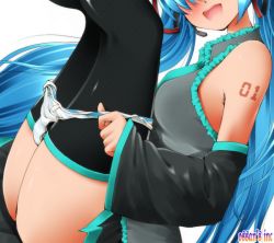Rule 34 | 1girl, black thighhighs, blue hair, blush, detached sleeves, dr rex, hatsune miku, head out of frame, legs up, long hair, open mouth, panties, panty pull, simple background, sitting, smile, solo, striped clothes, striped panties, thighhighs, underwear, undressing, very long hair, vocaloid