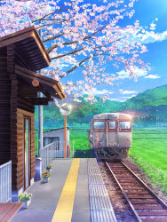 Rule 34 | bench, blue sky, branch, building, cherry blossoms, cloud, commentary, day, door, english commentary, field, grass, highres, landscape, mirror, mountainous horizon, no humans, original, outdoors, plant, potted plant, railing, railroad tracks, sabishiiyoru, scenery, shed, sky, spring (season), tactile paving, train, train station, train station platform, utility pole, window